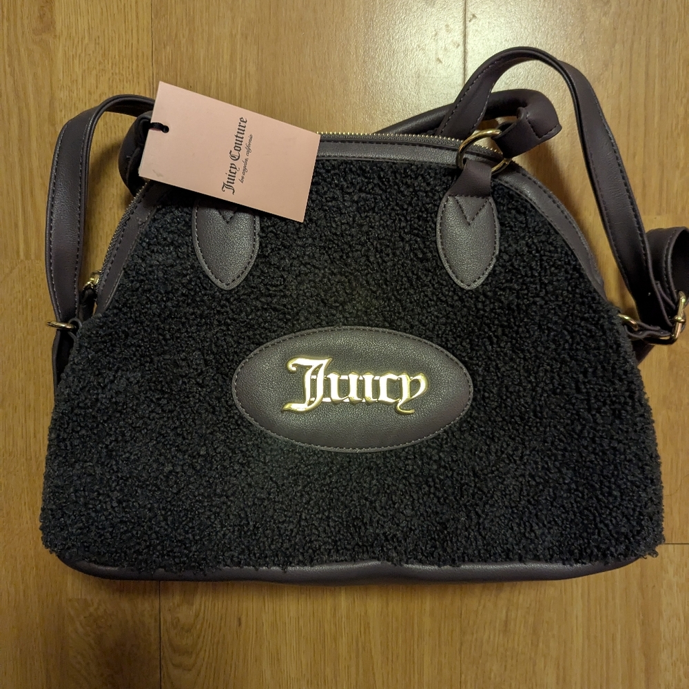 Juicy Couture Black Sherpa Tote with Dark Brown Leather Trim